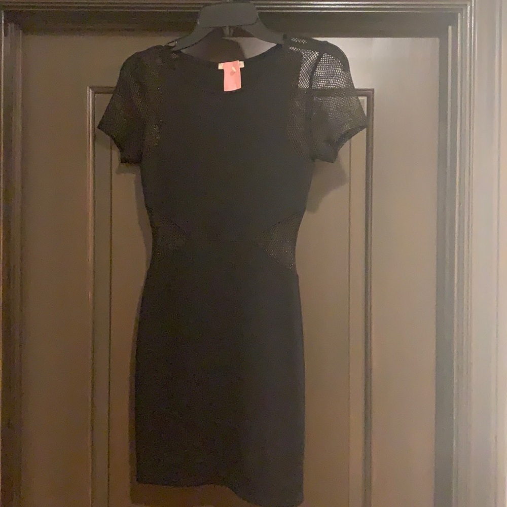 EUC - black mini dress w/ gold mesh sleeves